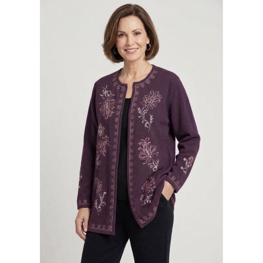Bob Mackie Wearable Art Floral  Embroidered Purple Open Front Cardigan 3X